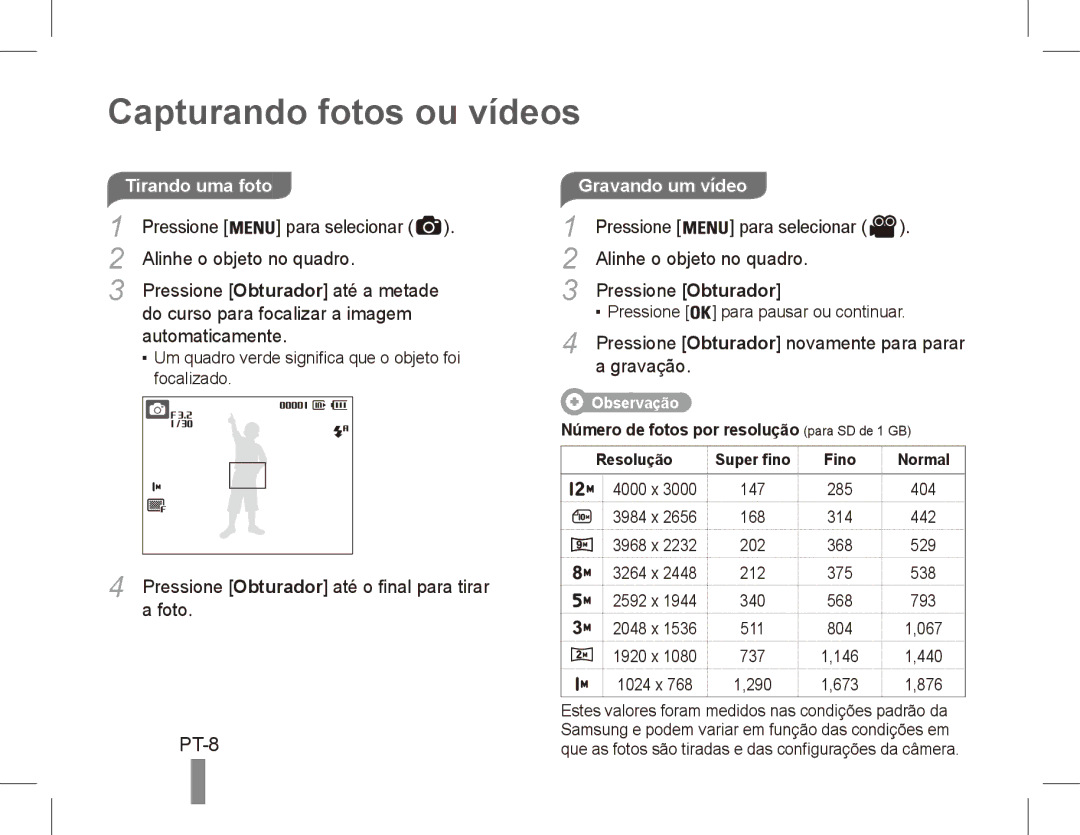 Samsung EC-ES17ZZBAWSA, EC-ES17ZZBABE1, EC-ES17ZZBASIT, EC-ES17ZZBABIT, EC-ES17ZZDAPAS manual Capturando fotos ou vídeos, PT-8 