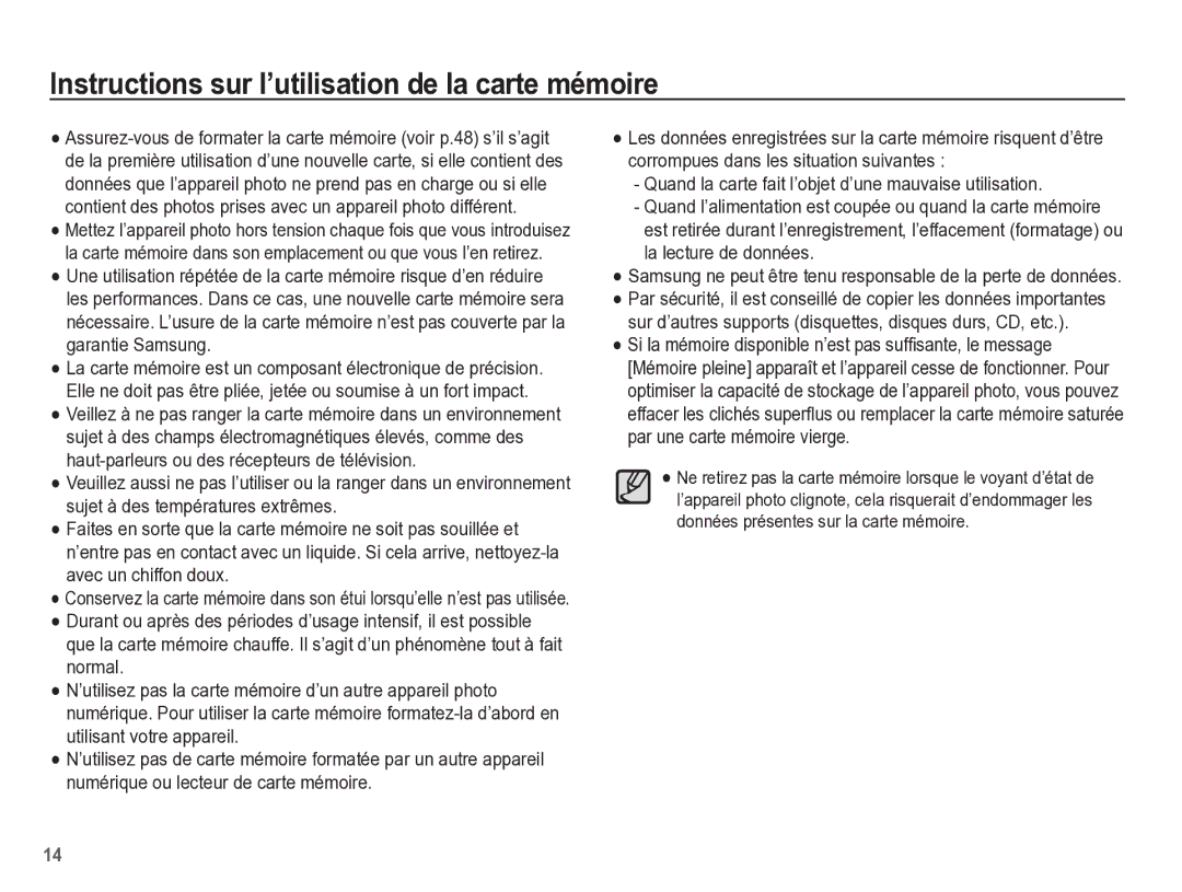 Samsung EC-ES17ZZBABE1 manual Instructions sur l’utilisation de la carte mémoire 