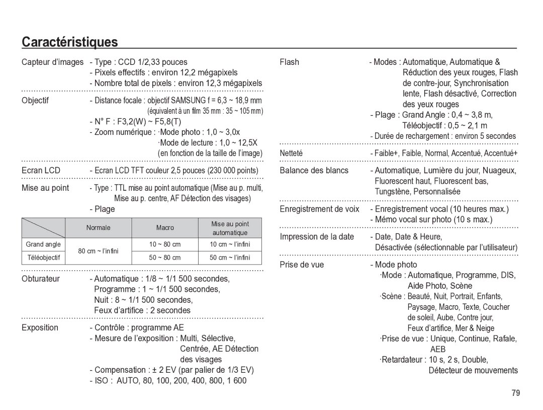 Samsung EC-ES17ZZBABE1 manual Caractéristiques 