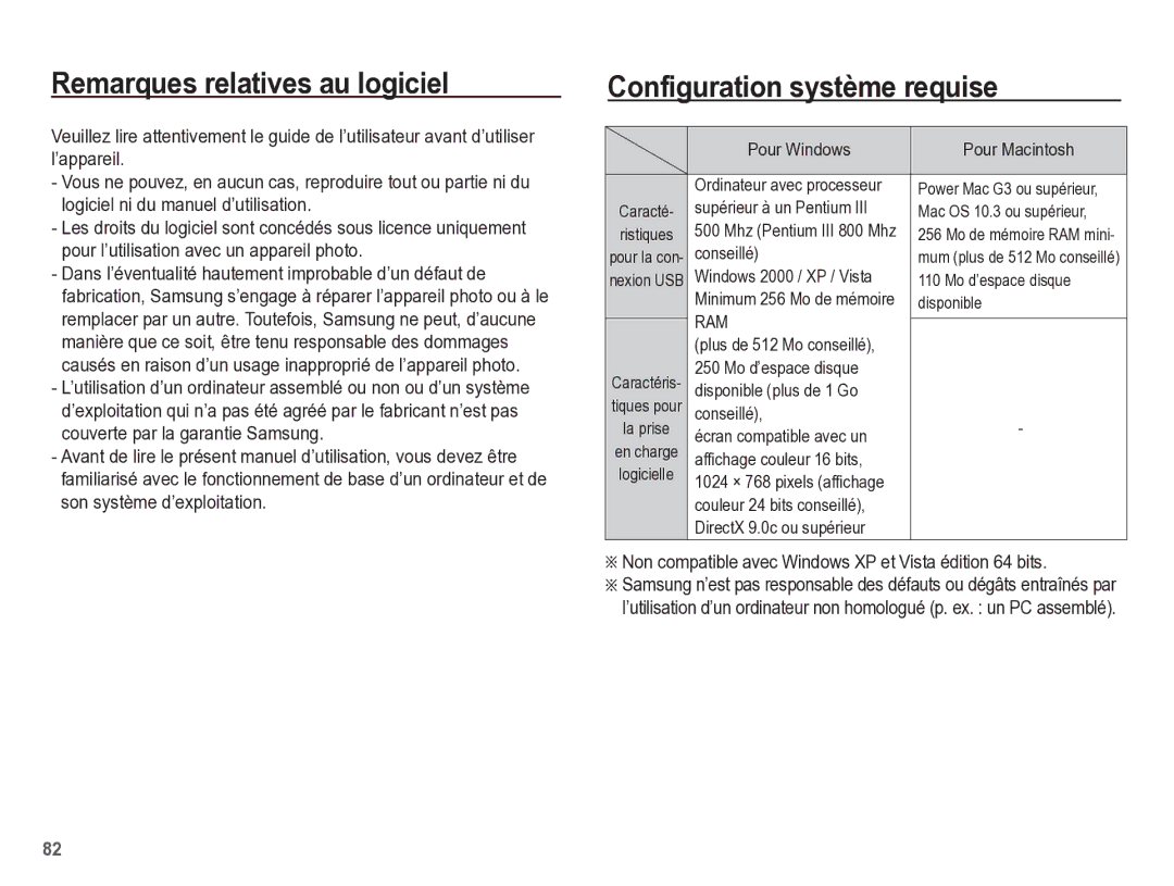 Samsung EC-ES17ZZBABE1 manual Remarques relatives au logiciel, Configuration système requise 