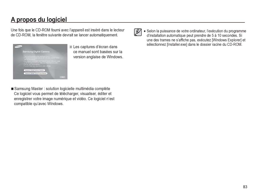 Samsung EC-ES17ZZBABE1 manual Propos du logiciel 