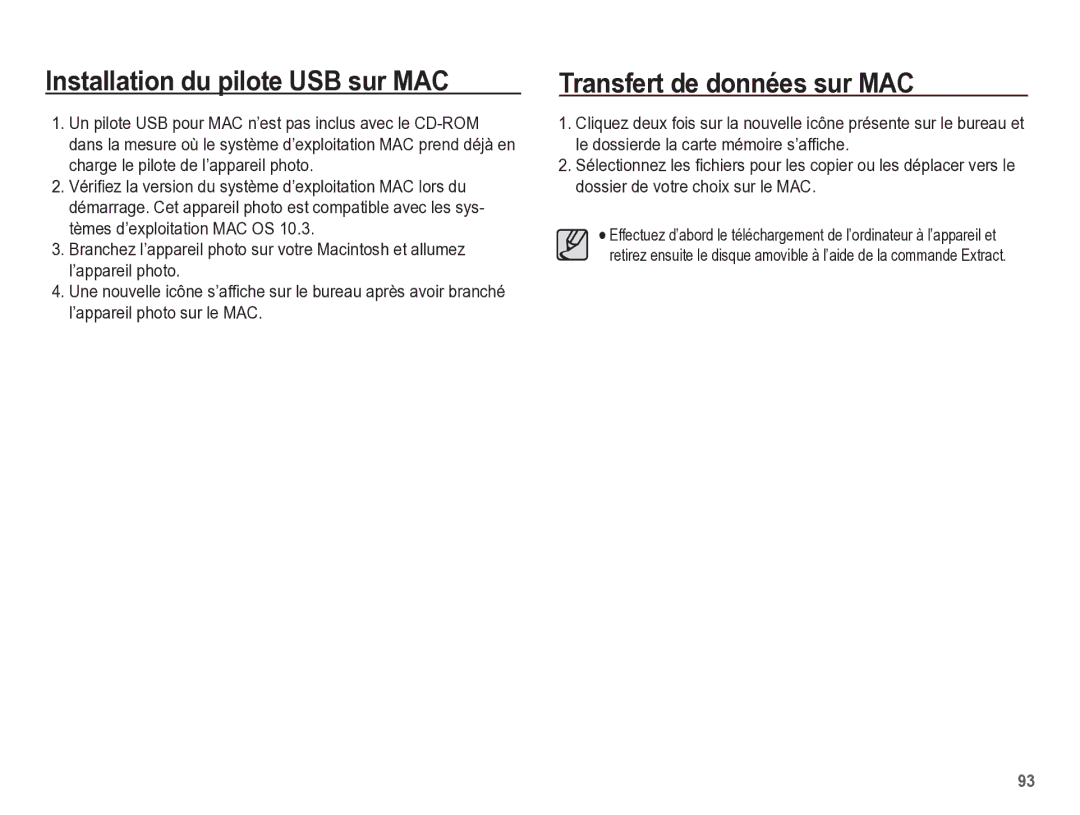 Samsung EC-ES17ZZBABE1 manual Installation du pilote USB sur MAC, Transfert de données sur MAC 