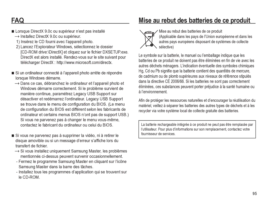 Samsung EC-ES17ZZBABE1 manual Mise au rebut des batteries de ce produit 