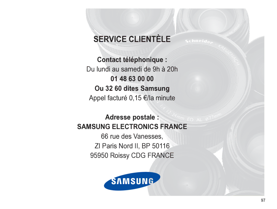 Samsung EC-ES17ZZBABE1 manual Contact téléphonique, 01 48 63 00 Ou 32 60 dites Samsung, Adresse postale 