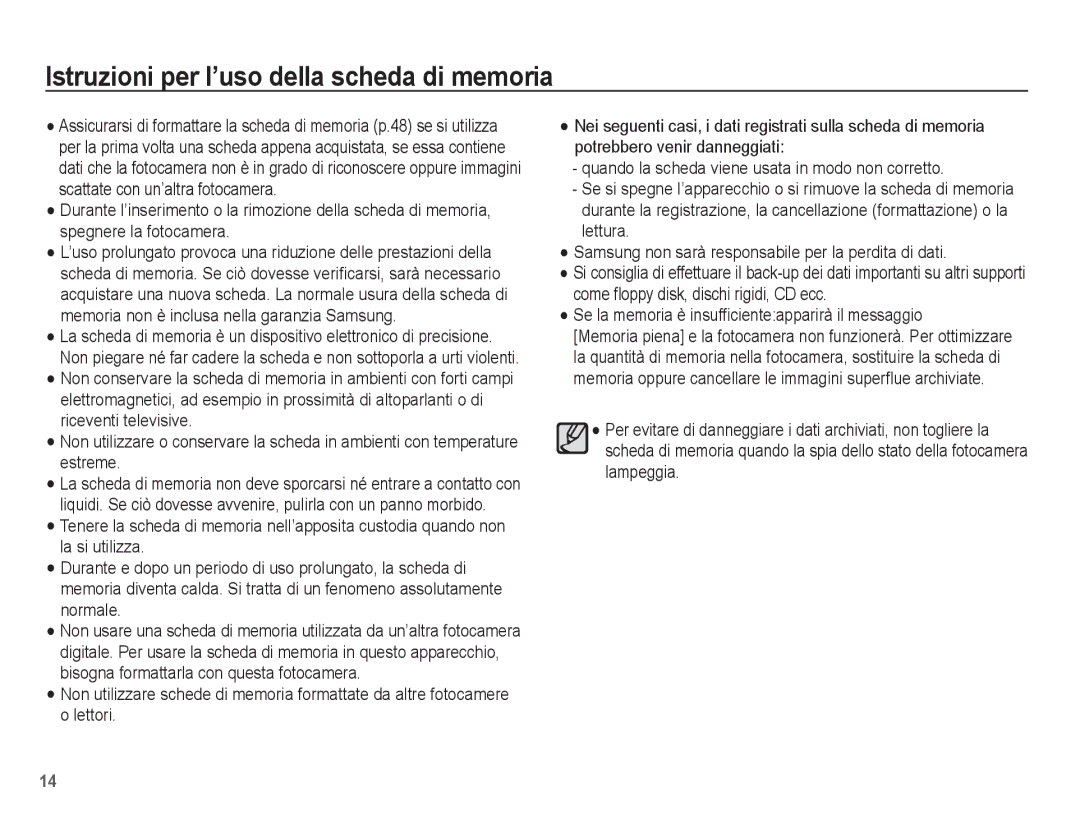 Samsung EC-ES17ZZBABIT, EC-ES17ZZBASIT manual Istruzioni per l’uso della scheda di memoria 