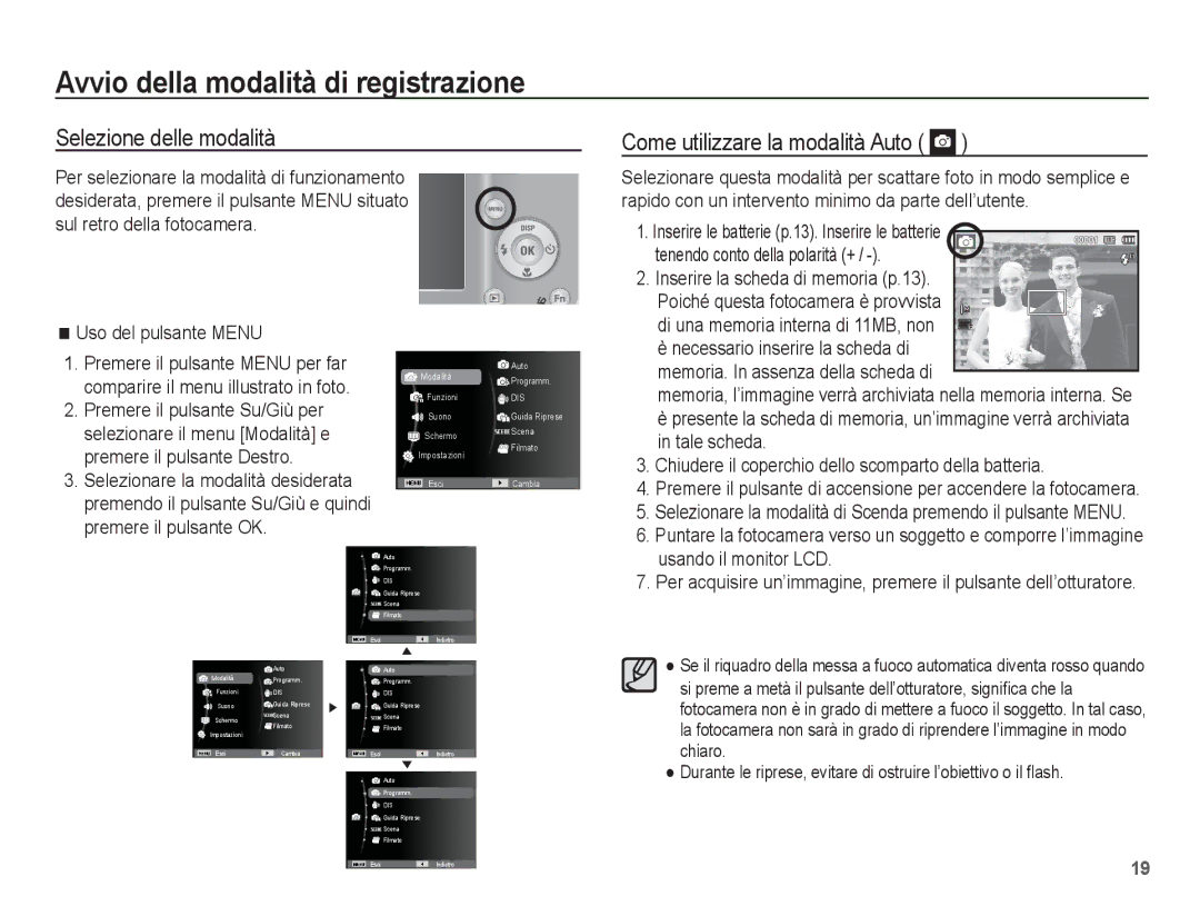 Samsung EC-ES17ZZBASIT Avvio della modalità di registrazione, Selezione delle modalità, Come utilizzare la modalità Auto 