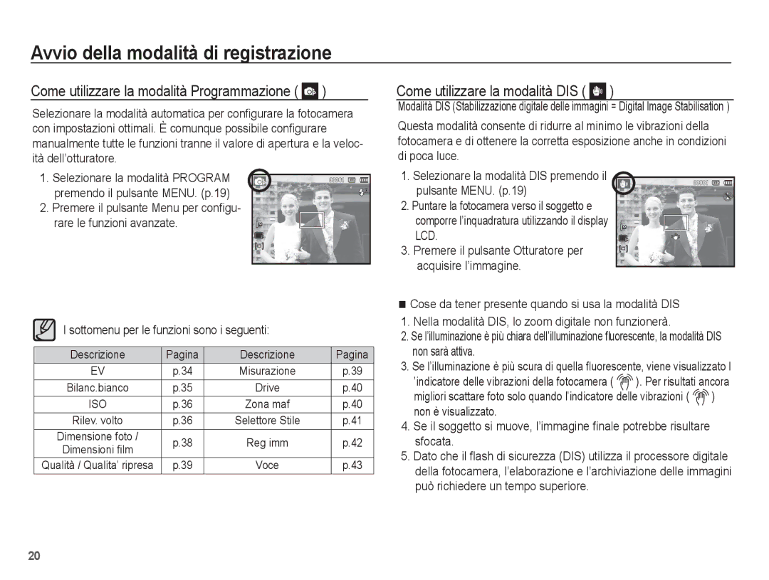 Samsung EC-ES17ZZBABIT, EC-ES17ZZBASIT manual Come utilizzare la modalità Programmazione, Come utilizzare la modalità DIS 