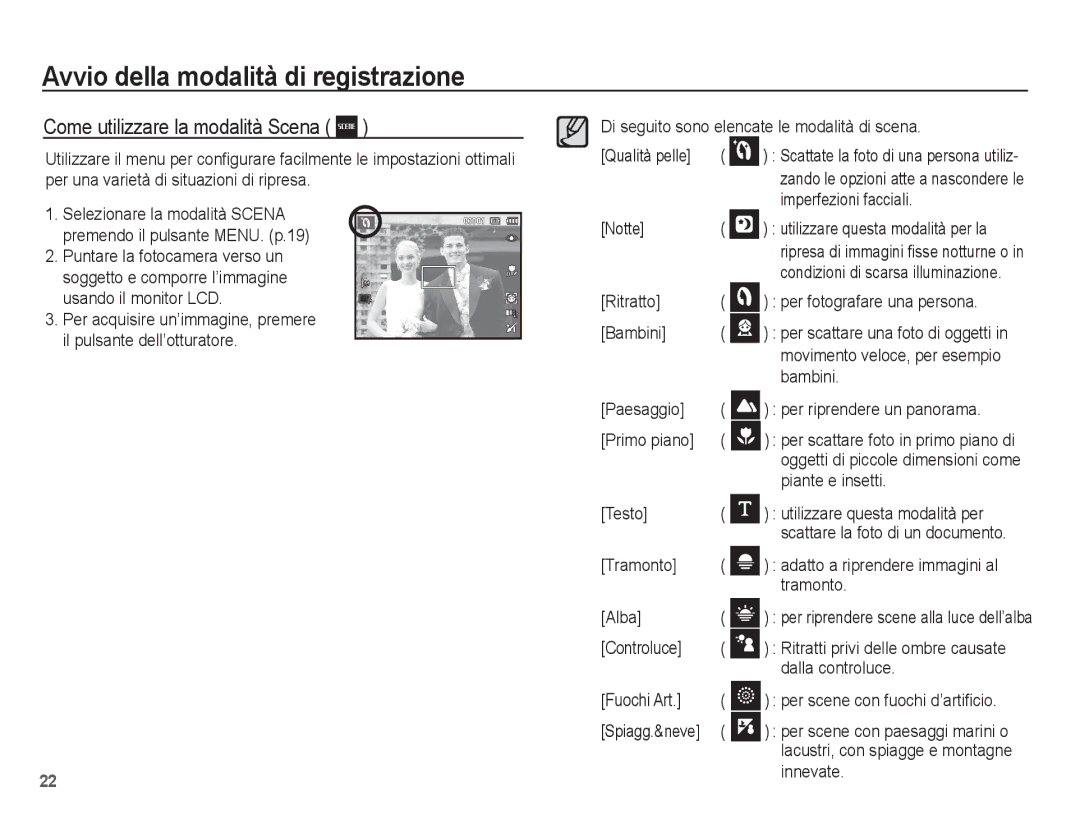 Samsung EC-ES17ZZBABIT, EC-ES17ZZBASIT manual Come utilizzare la modalità Scena 