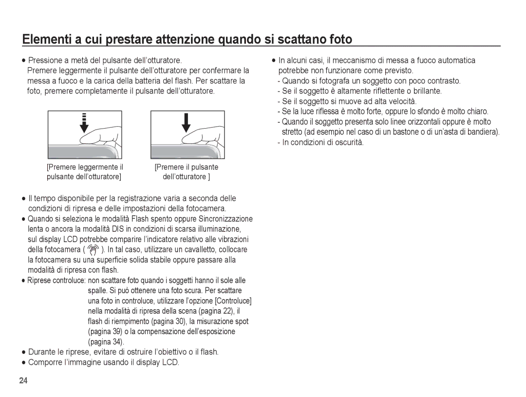 Samsung EC-ES17ZZBABIT manual Elementi a cui prestare attenzione quando si scattano foto, Pagina, Condizioni di oscurità 