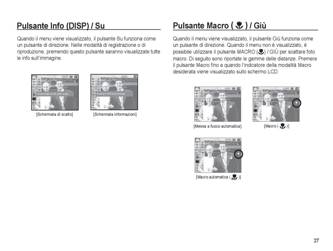 Samsung EC-ES17ZZBASIT, EC-ES17ZZBABIT manual Pulsante Info Disp / Su, Pulsante Macro / Giù 