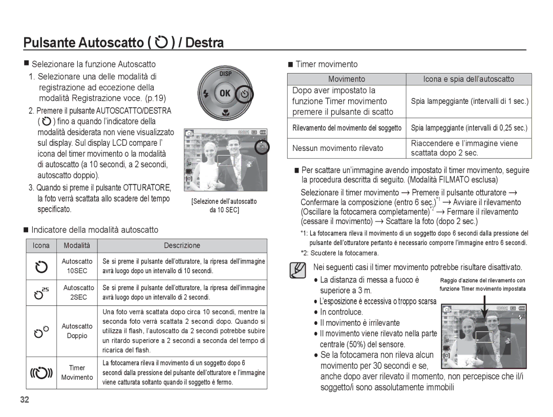 Samsung EC-ES17ZZBABIT manual Selezionare la funzione Autoscatto, Indicatore della modalità autoscatto, Timer movimento 