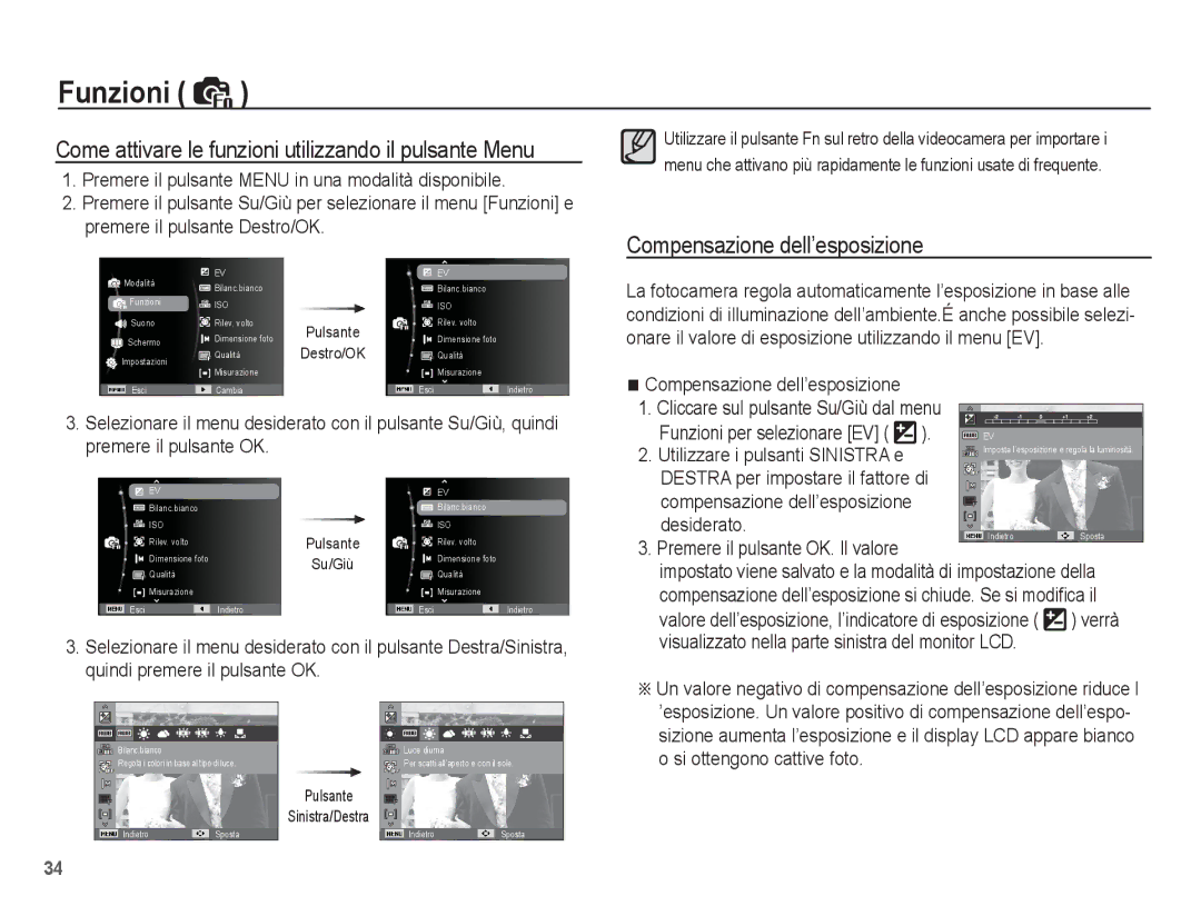 Samsung EC-ES17ZZBABIT Come attivare le funzioni utilizzando il pulsante Menu, Compensazione dell’esposizione, Desiderato 