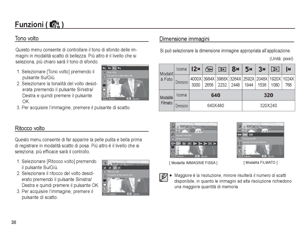 Samsung EC-ES17ZZBABIT, EC-ES17ZZBASIT manual Tono volto, Dimensione immagini, Ritocco volto 