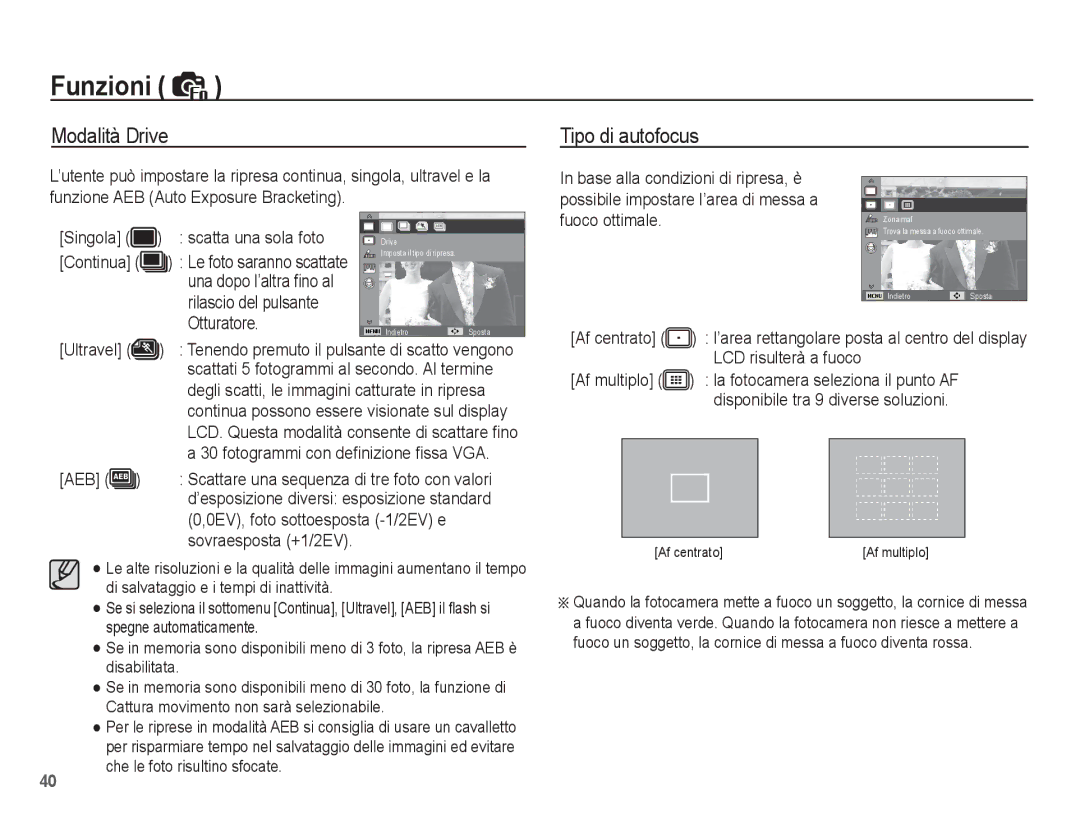 Samsung EC-ES17ZZBABIT, EC-ES17ZZBASIT manual Modalità Drive, Tipo di autofocus 