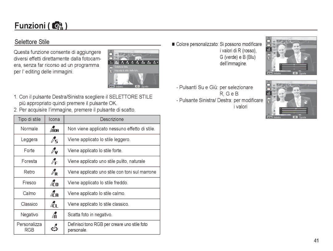 Samsung EC-ES17ZZBASIT, EC-ES17ZZBABIT manual Selettore Stile, Colore personalizzato Si possono modiﬁcare 