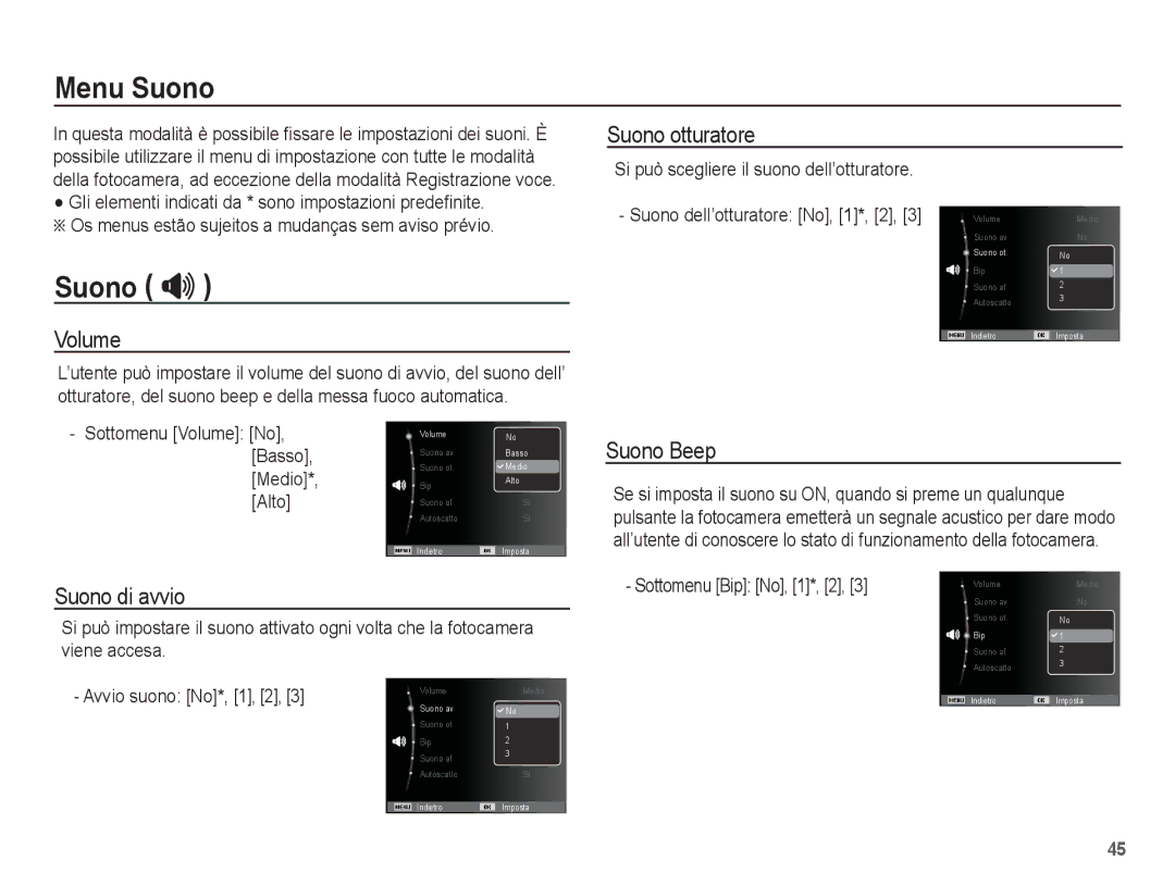 Samsung EC-ES17ZZBASIT, EC-ES17ZZBABIT manual Menu Suono, Suono  