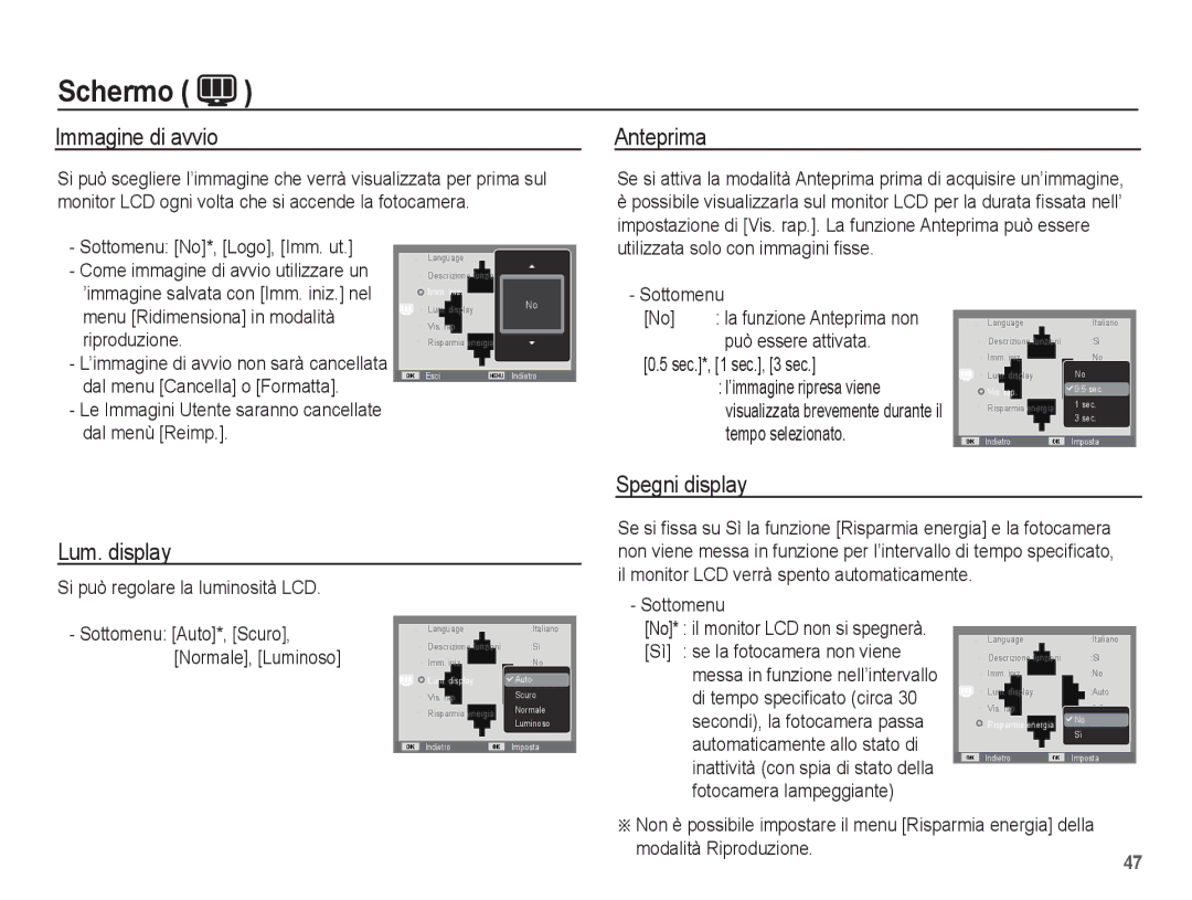 Samsung EC-ES17ZZBASIT, EC-ES17ZZBABIT manual Immagine di avvio, Anteprima, Spegni display Lum. display 