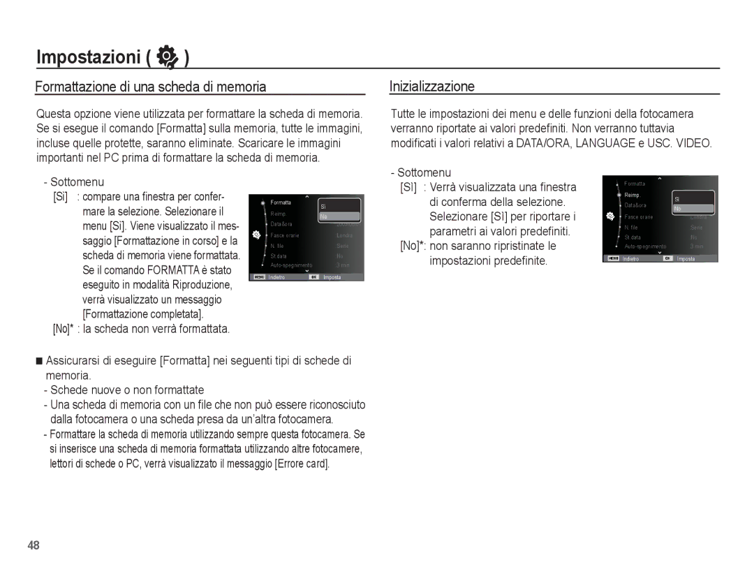 Samsung EC-ES17ZZBABIT, EC-ES17ZZBASIT manual Impostazioni, Formattazione di una scheda di memoria, Inizializzazione 