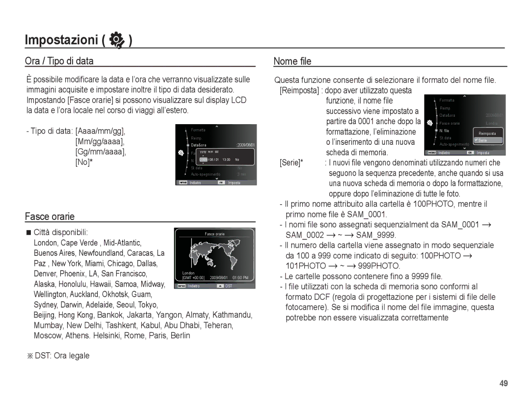 Samsung EC-ES17ZZBASIT, EC-ES17ZZBABIT manual Ora / Tipo di data, Fasce orarie, Nome ﬁle 