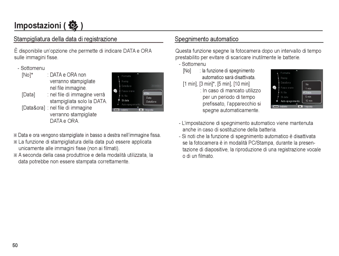 Samsung EC-ES17ZZBABIT, EC-ES17ZZBASIT manual Stampigliatura della data di registrazione, Spegnimento automatico 