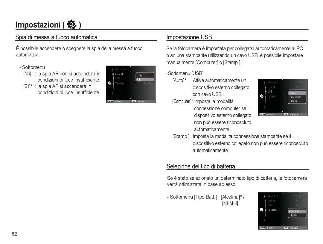 Samsung EC-ES17ZZBABIT Spia di messa a fuoco automatica, Impostazione USB, Selezione del tipo di batteria, Sottomenu USB 