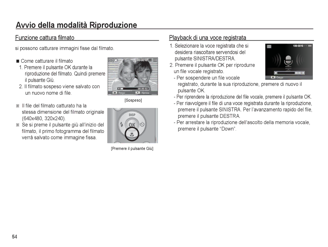 Samsung EC-ES17ZZBABIT, EC-ES17ZZBASIT Funzione cattura filmato, Playback di una voce registrata, Premere il pulsante Down 