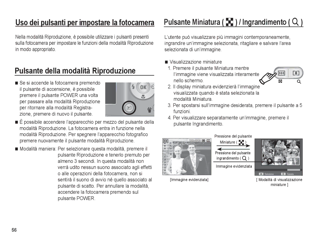 Samsung EC-ES17ZZBABIT, EC-ES17ZZBASIT manual Pulsante della modalità Riproduzione, Visualizzazione miniature 