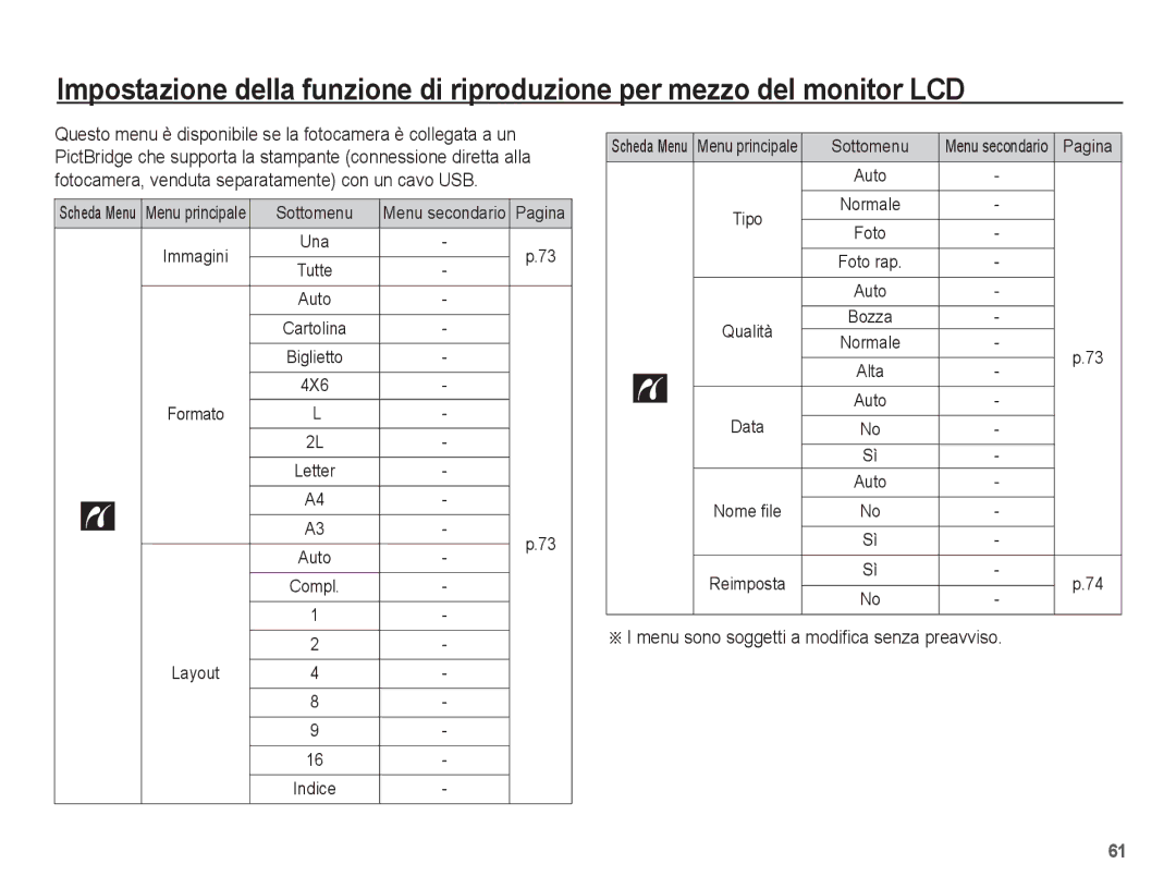 Samsung EC-ES17ZZBASIT Menu sono soggetti a modifica senza preavviso, 4X6, Tipo Qualità Data Nome file Reimposta, Bozza 