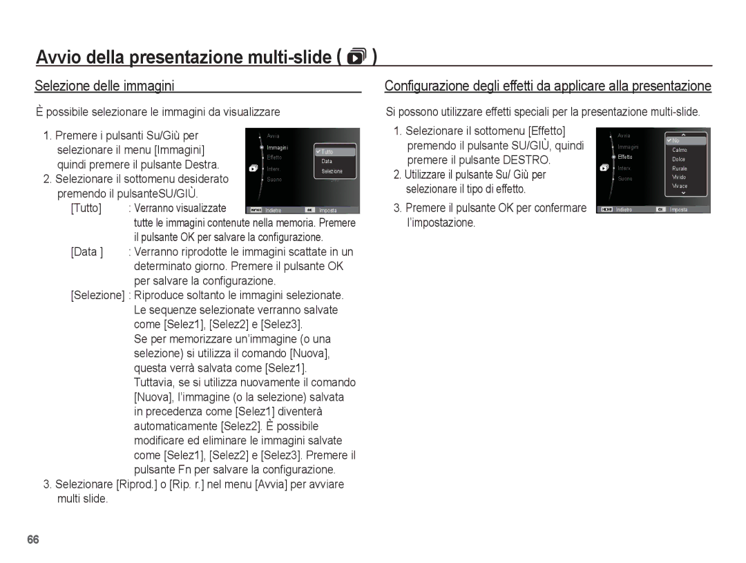 Samsung EC-ES17ZZBABIT, EC-ES17ZZBASIT manual Avvio della presentazione multi-slide , Selezione delle immagini 