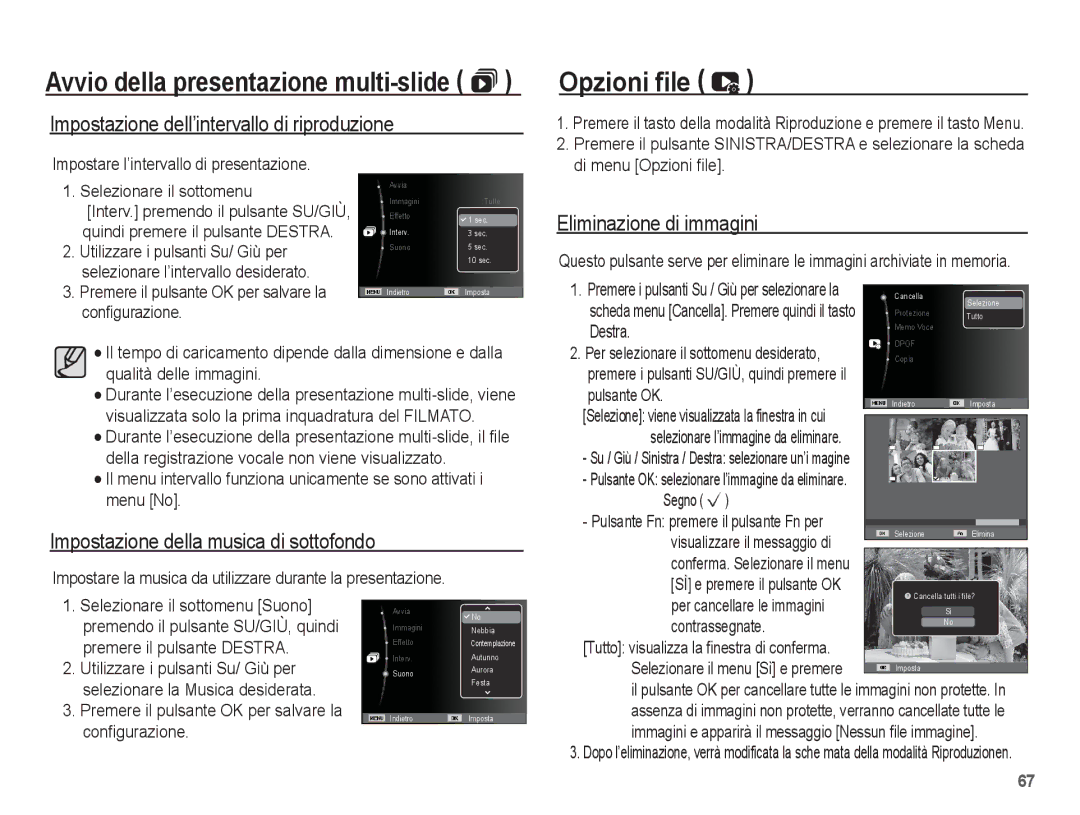 Samsung EC-ES17ZZBASIT manual Opzioni file, Impostazione dell’intervallo di riproduzione, Eliminazione di immagini 