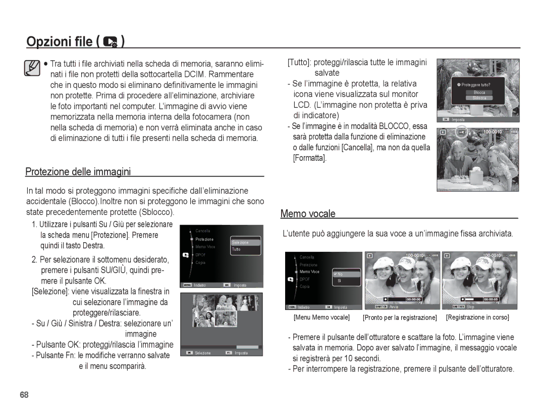 Samsung EC-ES17ZZBABIT manual Protezione delle immagini, Memo vocale, Tutto proteggi/rilascia tutte le immagini salvate 