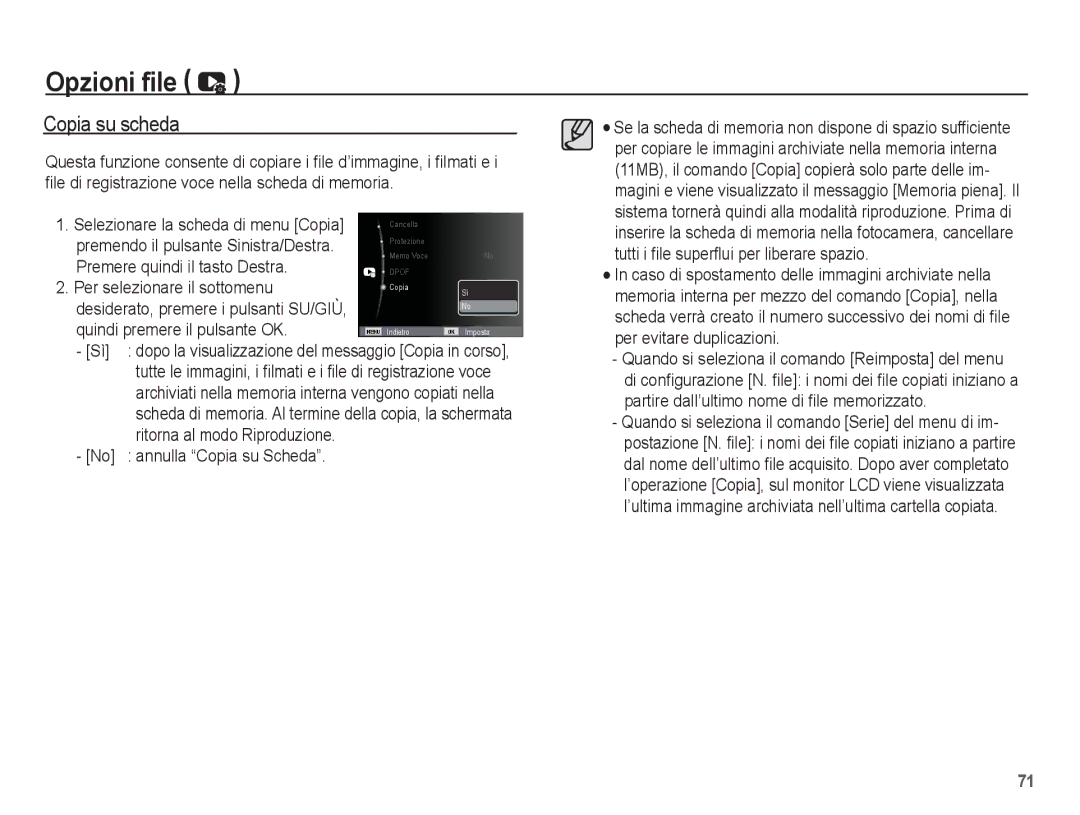 Samsung EC-ES17ZZBASIT manual Copia su scheda, Quindi premere il pulsante OK, Premendo il pulsante Sinistra/Destra 