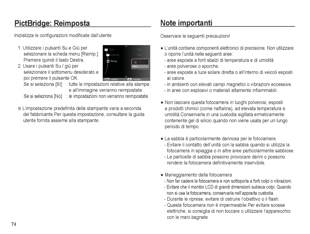 Samsung EC-ES17ZZBABIT, EC-ES17ZZBASIT manual PictBridge Reimposta 