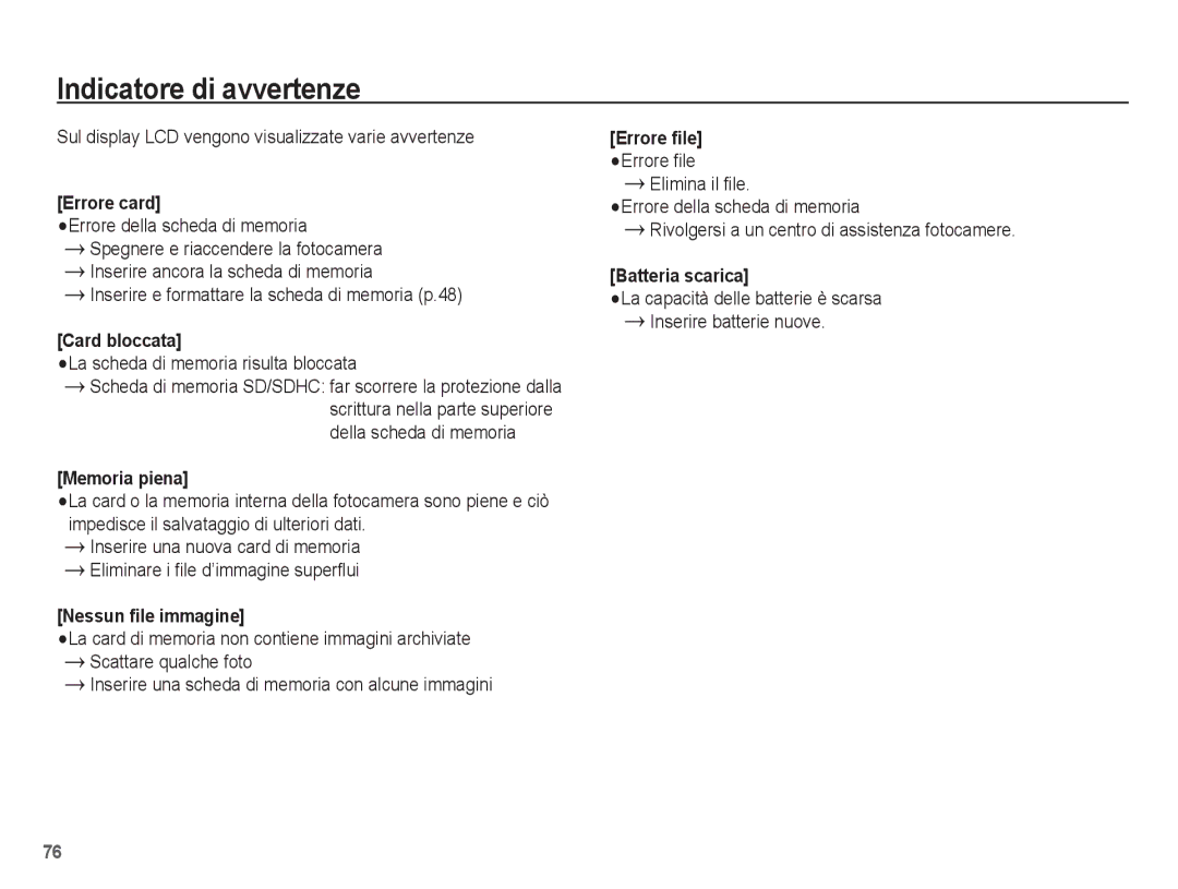 Samsung EC-ES17ZZBABIT, EC-ES17ZZBASIT Indicatore di avvertenze, Sul display LCD vengono visualizzate varie avvertenze 