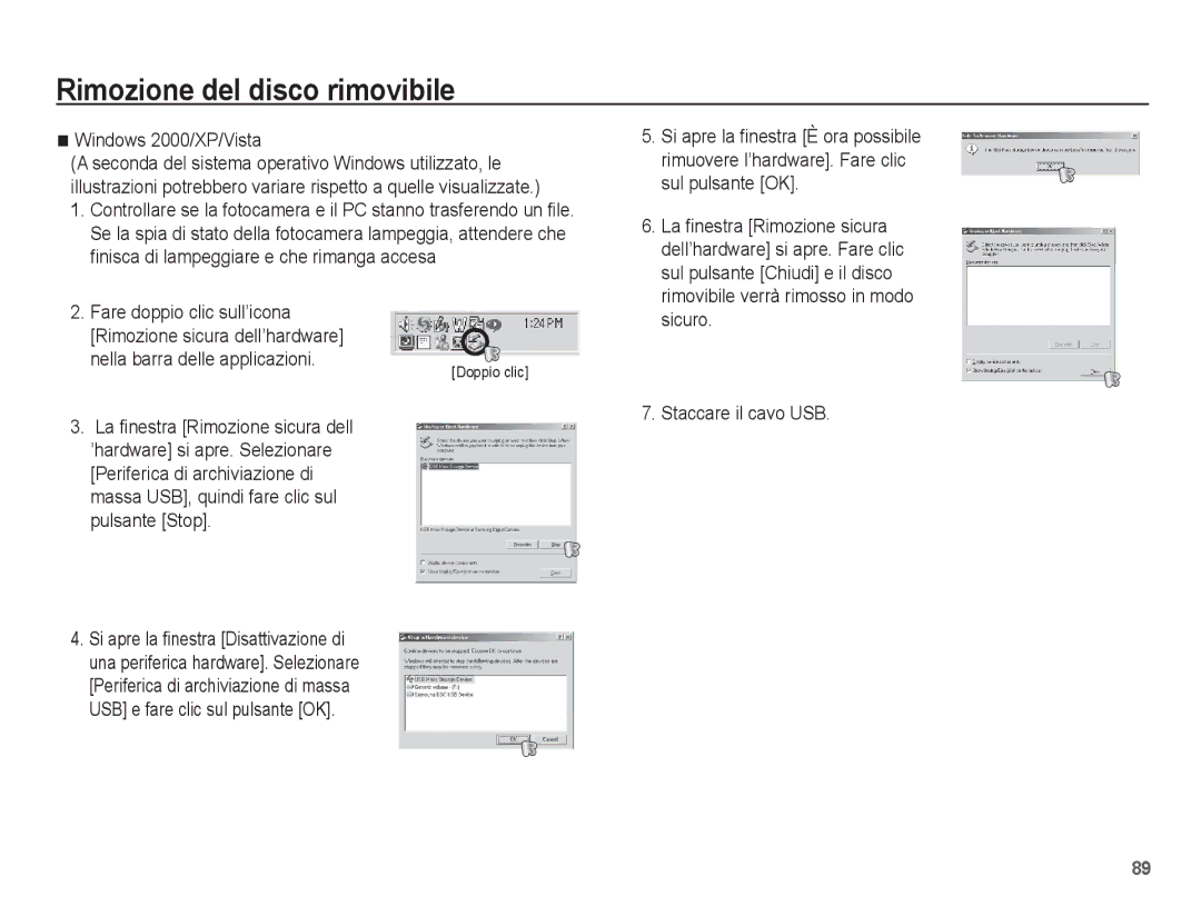 Samsung EC-ES17ZZBASIT manual Rimozione del disco rimovibile, Windows 2000/XP/Vista, Nella barra delle applicazioni 