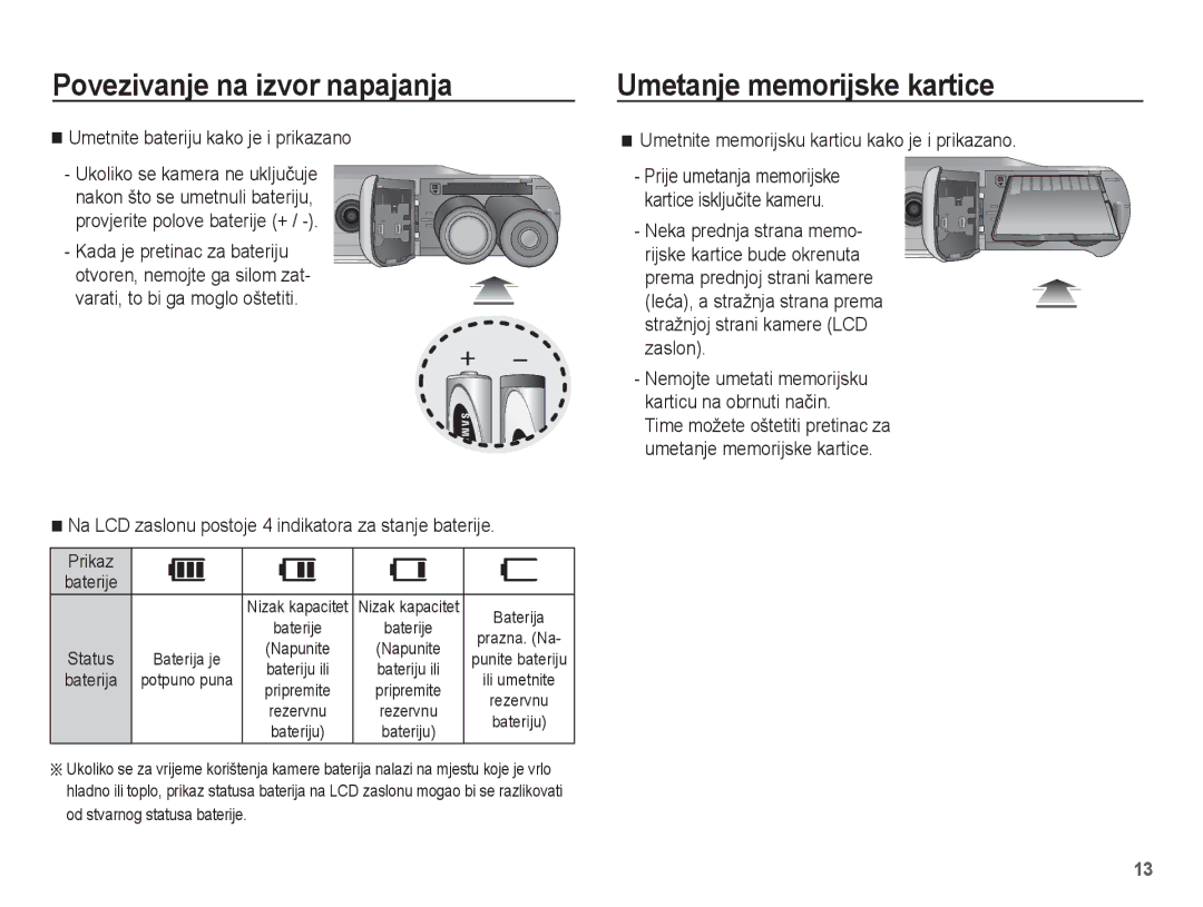 Samsung EC-ES17ZZBABE3, EC-ES17ZZBAWE3 manual Umetanje memorijske kartice, Umetnite bateriju kako je i prikazano, Prikaz 