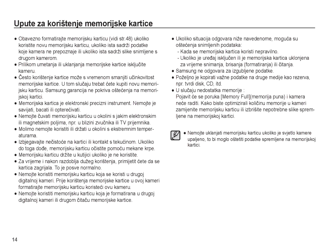 Samsung EC-ES17ZZBAPE3, EC-ES17ZZBAWE3, EC-ES17ZZBASE3, EC-ES17ZZBABE3 manual Upute za korištenje memorijske kartice 