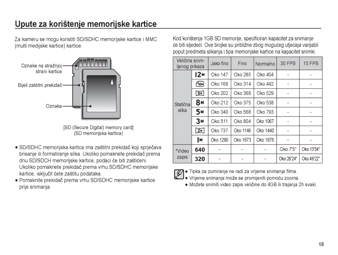 Samsung EC-ES17ZZBAWE3, EC-ES17ZZBASE3, EC-ES17ZZBABE3, EC-ES17ZZBAPE3 manual Veliþina snim, Ljenog prikaza 