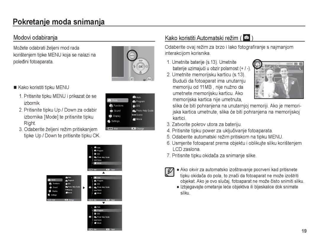 Samsung EC-ES17ZZBAWE3 manual Pokretanje moda snimanja, Modovi odabiranja Kako koristiti Automatski režim, LCD zaslona 