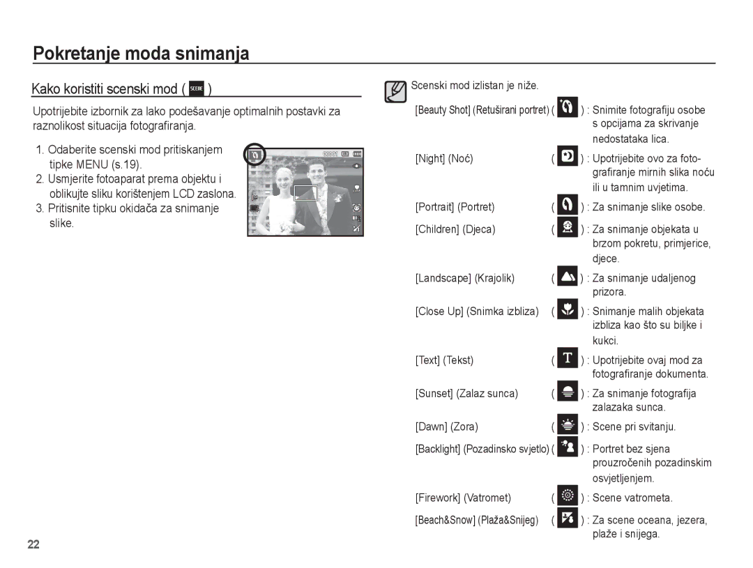 Samsung EC-ES17ZZBAPE3, EC-ES17ZZBAWE3, EC-ES17ZZBASE3, EC-ES17ZZBABE3 manual Kako koristiti scenski mod 