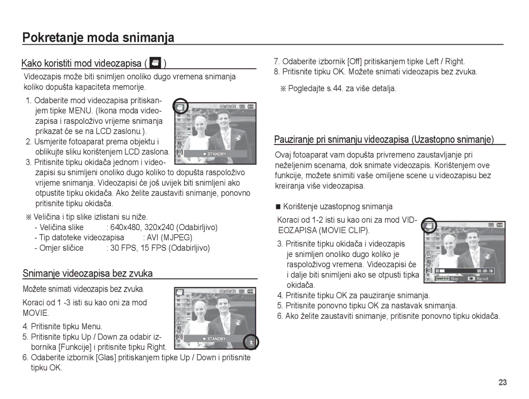 Samsung EC-ES17ZZBAWE3, EC-ES17ZZBASE3, EC-ES17ZZBABE3 manual Kako koristiti mod videozapisa, Snimanje videozapisa bez zvuka 