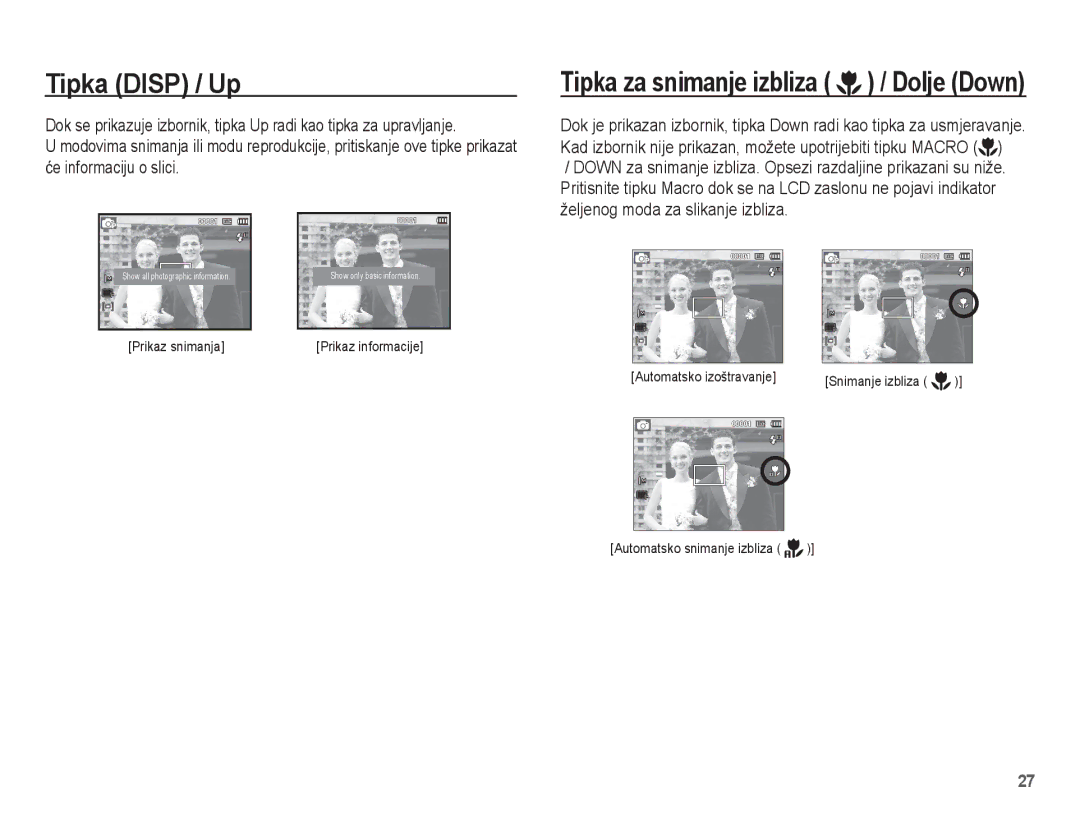 Samsung EC-ES17ZZBAWE3, EC-ES17ZZBASE3, EC-ES17ZZBABE3 manual Tipka Disp / Up, Tipka za snimanje izbliza / Dolje Down 