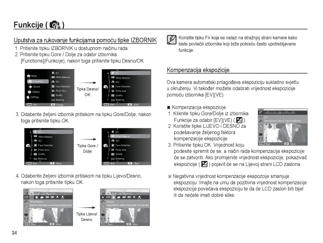 Samsung EC-ES17ZZBAPE3 manual Kompenzacija ekspozicije, Pritisnite tipku Izbornik u dostupnom naþinu rada, Ekspozicije 