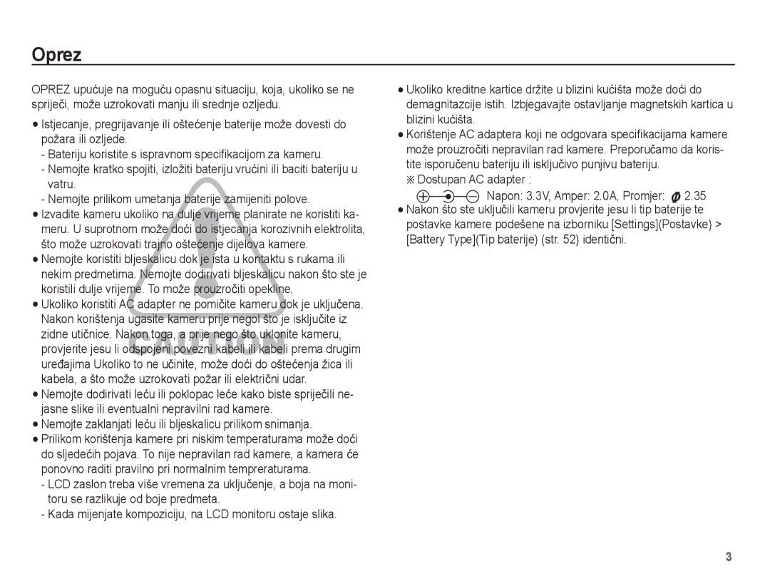 Samsung EC-ES17ZZBAWE3, EC-ES17ZZBASE3, EC-ES17ZZBABE3, EC-ES17ZZBAPE3 manual Oprez, Dostupan AC adapter 