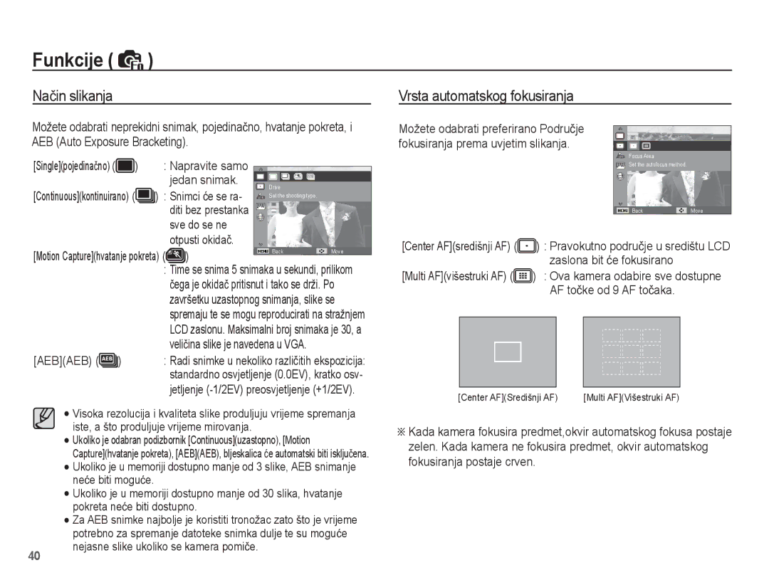 Samsung EC-ES17ZZBASE3, EC-ES17ZZBAWE3, EC-ES17ZZBABE3, EC-ES17ZZBAPE3 manual Naþin slikanja Vrsta automatskog fokusiranja 