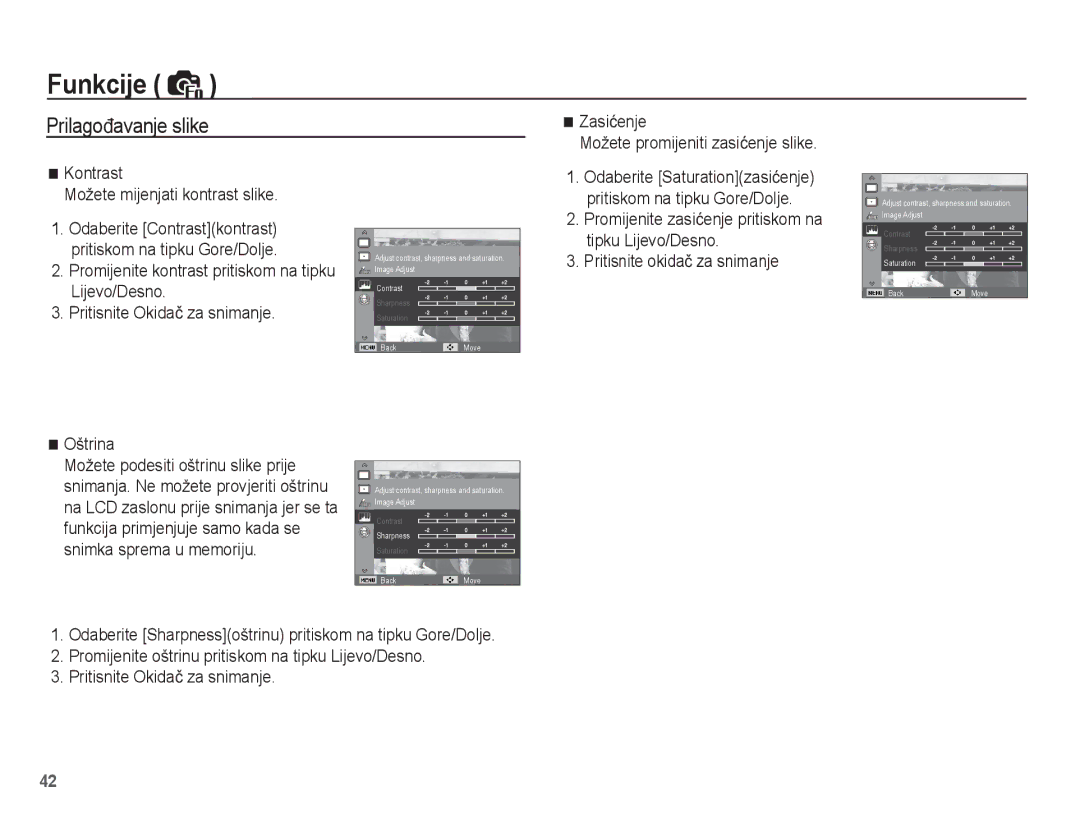 Samsung EC-ES17ZZBAPE3 manual Zasiüenje, Možete promijeniti zasiüenje slike, Kontrast Možete mijenjati kontrast slike 