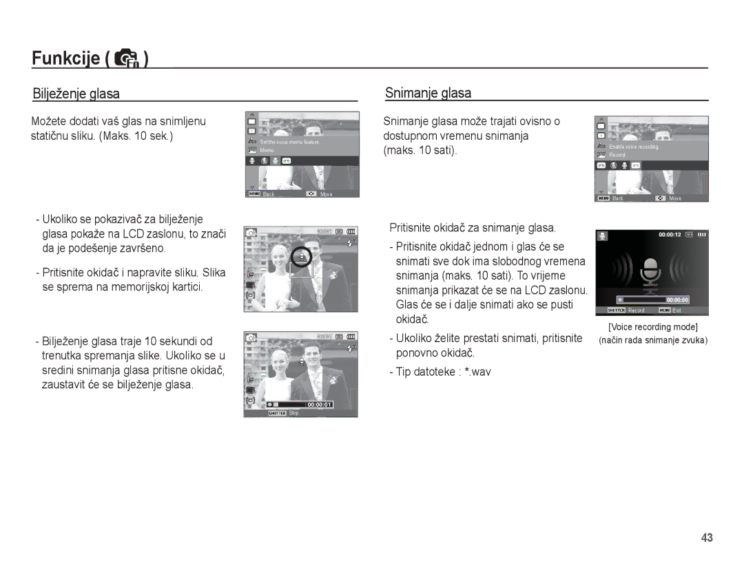 Samsung EC-ES17ZZBAWE3, EC-ES17ZZBASE3, EC-ES17ZZBABE3, EC-ES17ZZBAPE3 manual Bilježenje glasa, Snimanje glasa 
