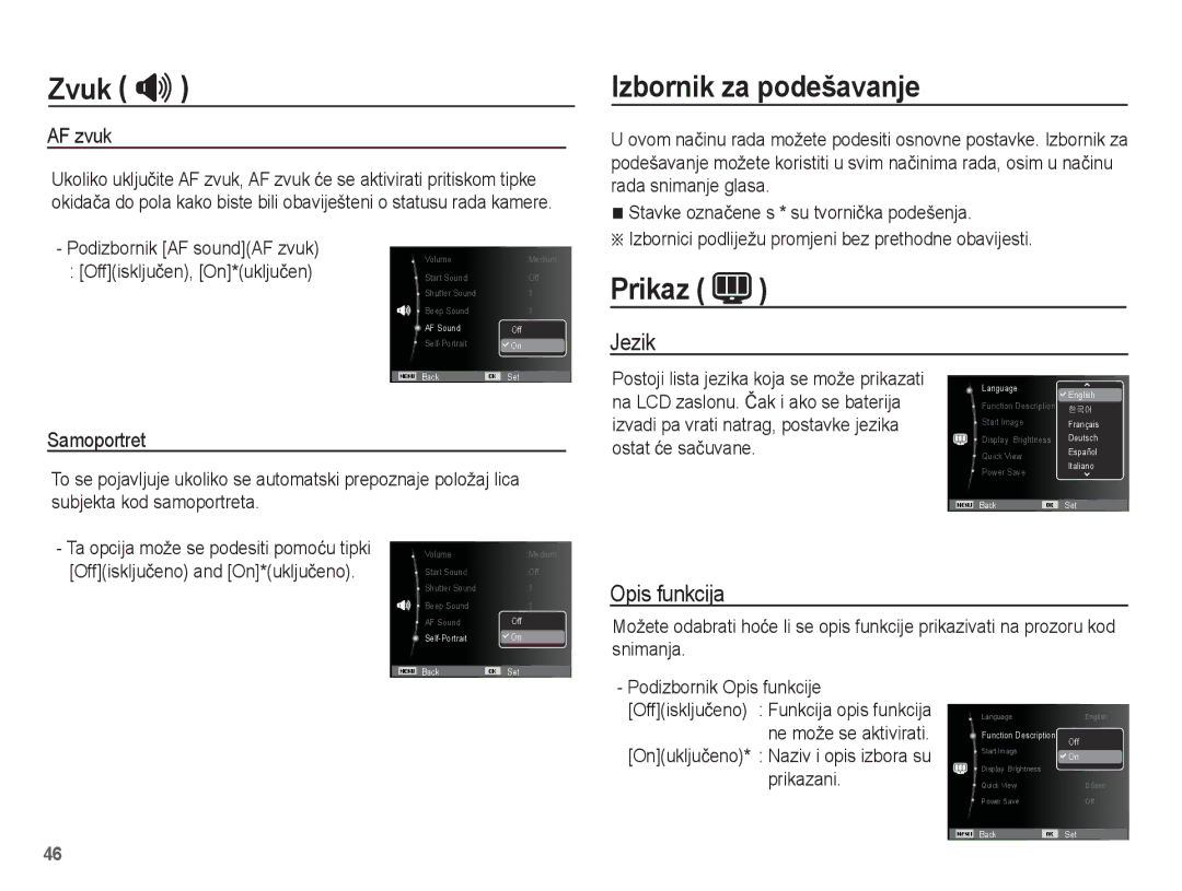 Samsung EC-ES17ZZBAPE3, EC-ES17ZZBAWE3, EC-ES17ZZBASE3, EC-ES17ZZBABE3 Izbornik za podešavanje, Prikaz, Jezik, Opis funkcija 