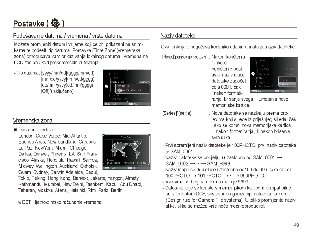 Samsung EC-ES17ZZBABE3, EC-ES17ZZBAWE3 manual Podešavanje datuma / vremena / vrste datuma, Vremenska zona, Naziv datoteke 