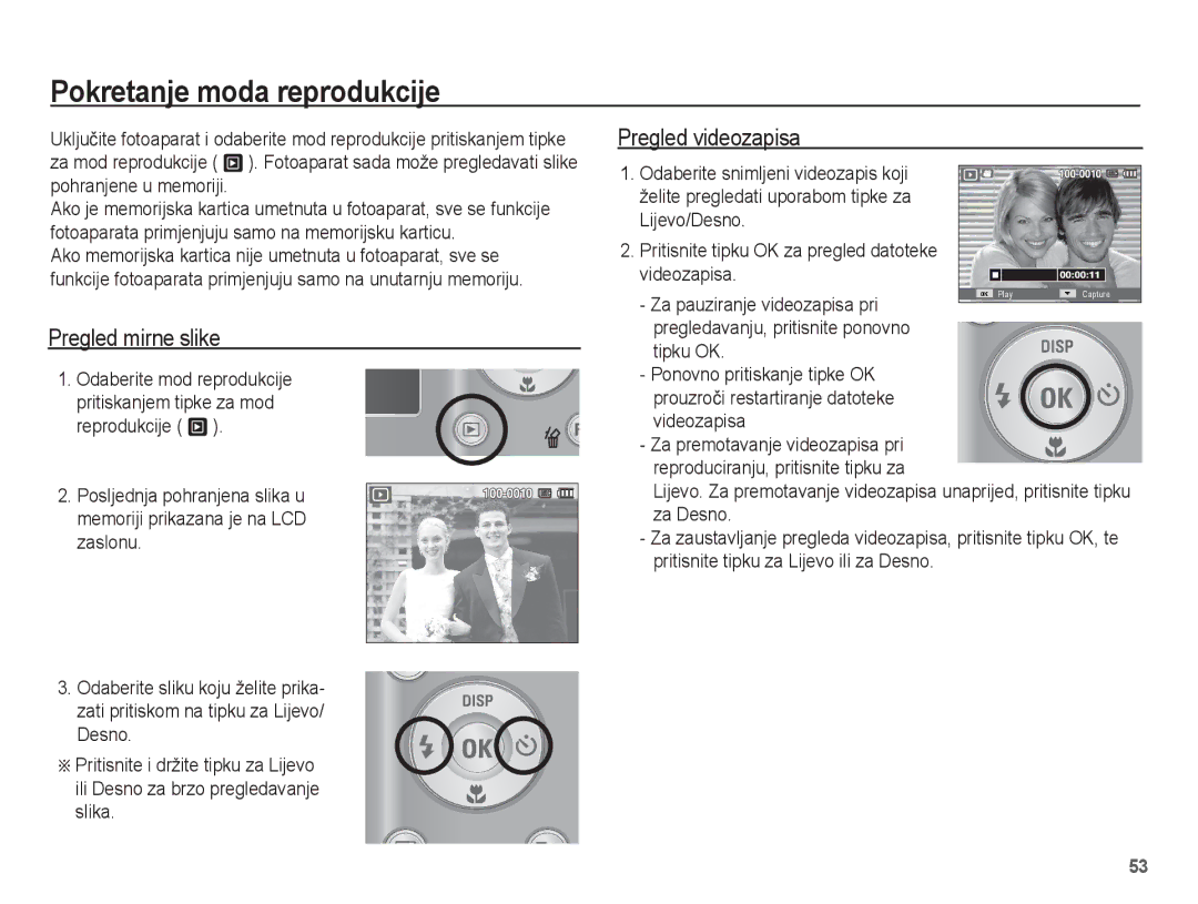 Samsung EC-ES17ZZBABE3, EC-ES17ZZBAWE3 manual Pokretanje moda reprodukcije, Pregled mirne slike, Pregled videozapisa 